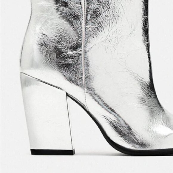 ZARA 100% LEATHER METALLIC HEELED KNEE HIGH BOOTS - Picture 5 of 13